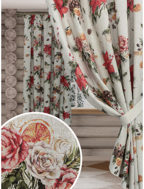 Комплект штор Рождество полулен зеленый красный серо-бежевый