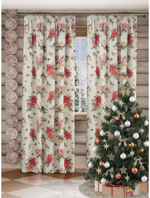 Комплект штор Рождество полулен длинные зеленый красный серо-бежевый