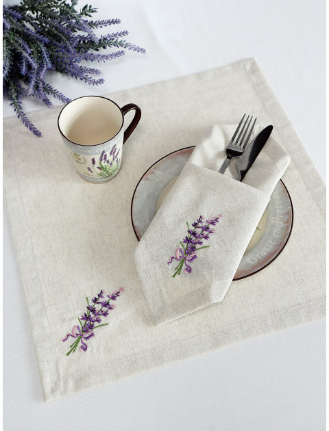 Набор столовых салфеток с вышивкой Лаванда полулен серо-бежевый сиреневый