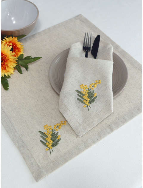 Набор столовых салфеток с вышивкой Мимоза полулен серо-бежевый зеленый желтый Набор столовых салфеток с вышивкой Мимоза полулен серо-бежевый зеленый желтый