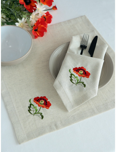 Набор столовых салфеток с вышивкой Маки полулен серо-бежевый зеленый оранжевый Набор столовых салфеток с вышивкой Маки полулен серо-бежевый зеленый оранжевый