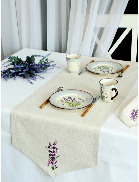 Декоративная дорожка с вышивкой Лаванда полулен серо-бежевый сиреневый