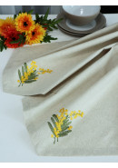 Декоративная дорожка с вышивкой Мимоза полулен серо-бежевый зеленый желтый