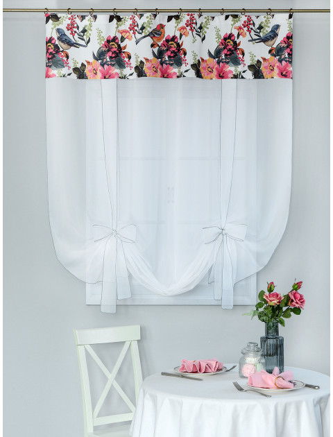 Тюль экран Птицы белый фуксия